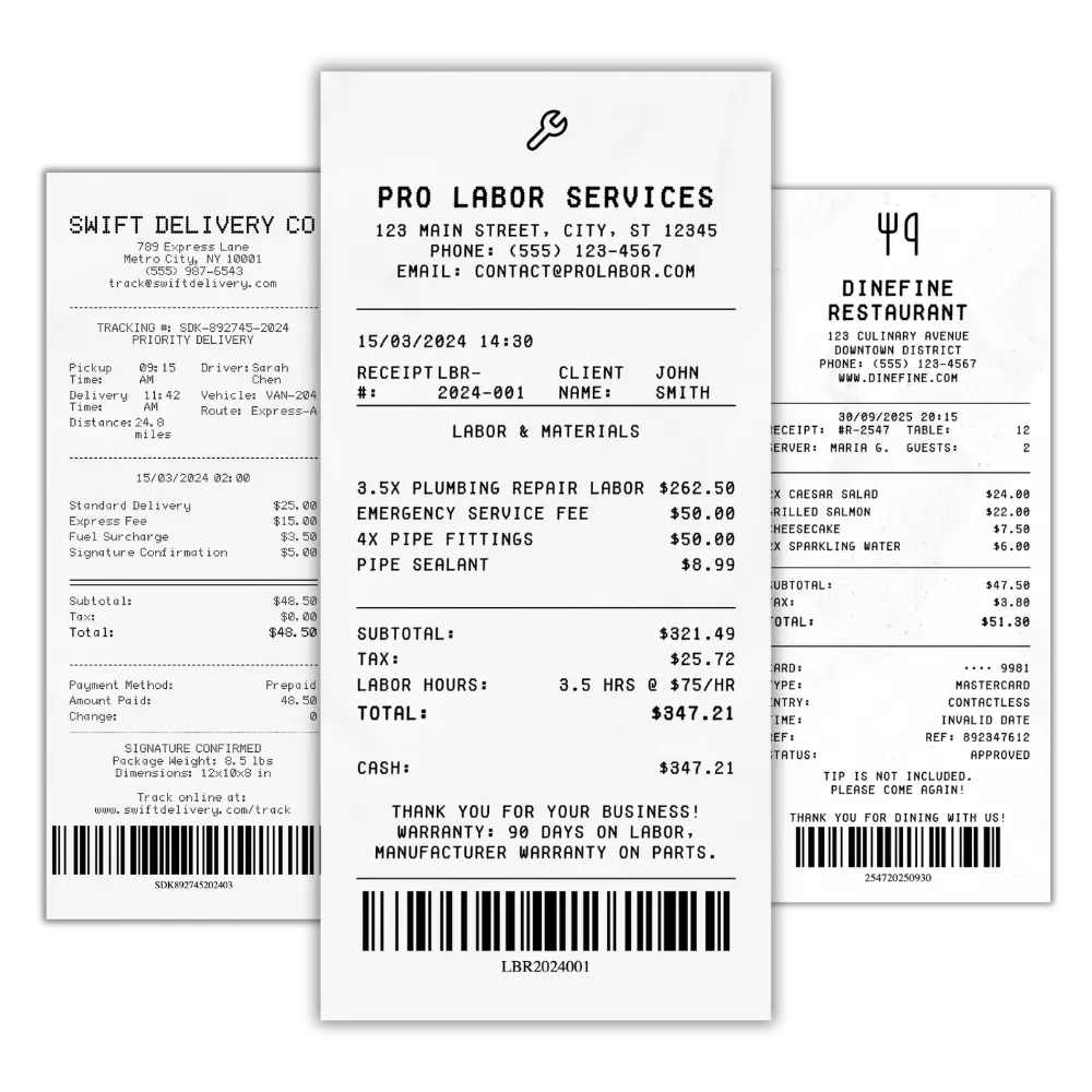 Professional receipt templates showcase
